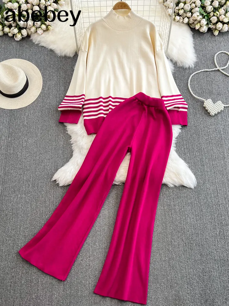 

Fashion Designer Knit Loose Casual Women Sweater Tracksuits Shaking Moping Wide Leg Pants Suits 2/Two Pieces Warm Set