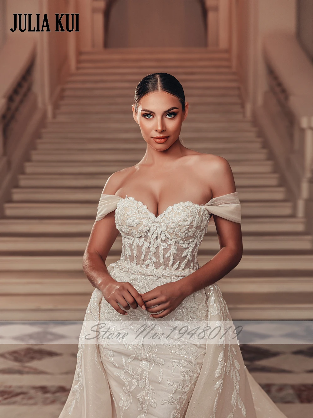 Elegant Shiny Tulle Off Shoulder Sweetheart Mermaid Wedding Dresses Beading Embroidery Appliques Lace 2 In 1 Bridal Gown 3
