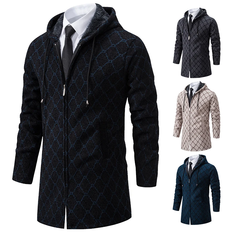 Male Knit Trench Coat Long Zipper Cardigan Winter Autumn New Sweater Korean Checkered Men's Luxury Parkas Hooded Overcoat
