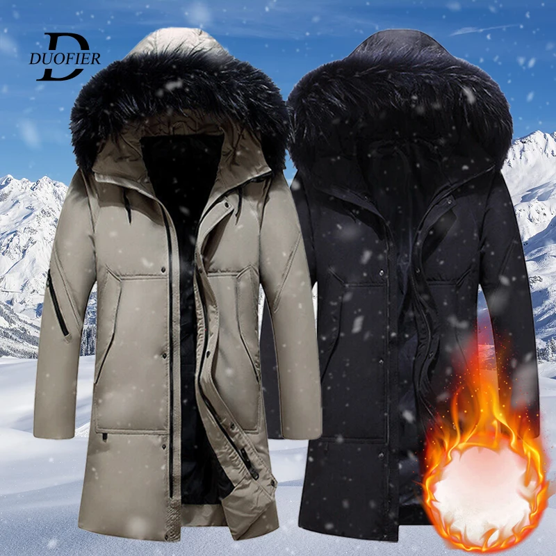 

2023 Men Winter Long Down Jacket Hooded Fur Collar Thick Warm Male Outerwear Parka Coat White Duck Down Filling Mens Down Coat