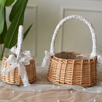 Wedding Woven Storage Basket with Handle and Ribbon Wicker Rattan Flower Basket for Wedding Birthday Party Home Garden Decor 2