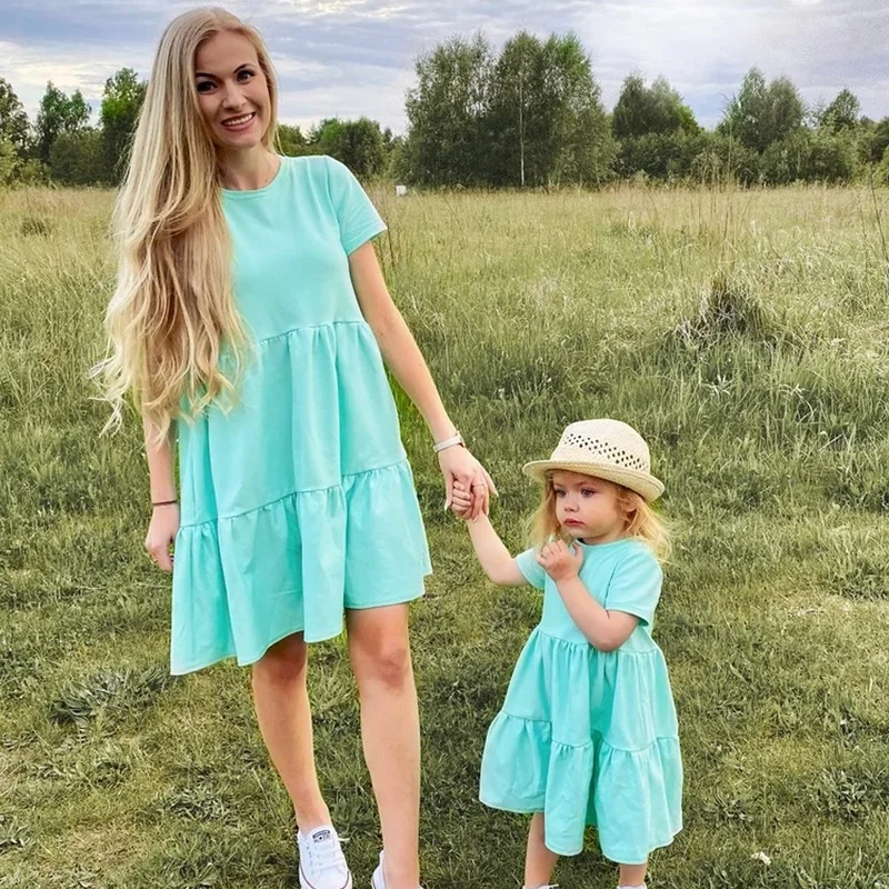 Summer Mommy and Daughter Matching Clothes Short Sleeve Solid Color Mother and Daughter Dress Casual Family Matching Outfits