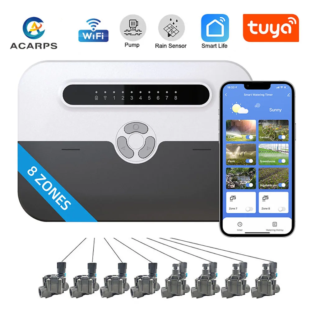 เครื่องควบคุมสปริงเกอร์อัจฉริยะ8โซนรองรับการควบคุมปั๊มน้ำฝนระบบชลประทานรีโมทคอนโทรลทางโทรศัพท์ทำงาน w/ Alexa 1