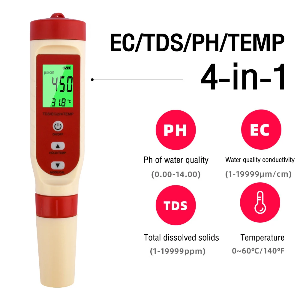 

4 in 1 TDS/EC/PH/TEMP Water Quality Monitor Tester LCD Digital Display PH Meter TDS Meter for Pools, Drinking Water, Aquariums