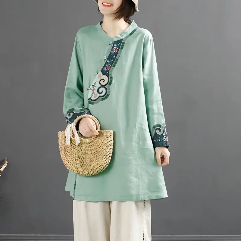 

Spring and Autumn Women's Standing Neck Button Embroidery Loose Fit Medium Long Sleeve Shirt Fashion Elegant Casual Tops