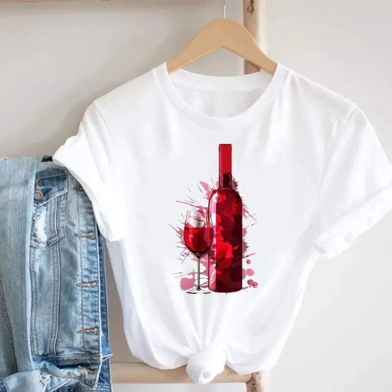 Women Printing Clothing Wine Lady Short Sleeve Casual 90s Cartoon Fashion Pretty Print Tee Top Tshirt Nice Graphic T-shirt
