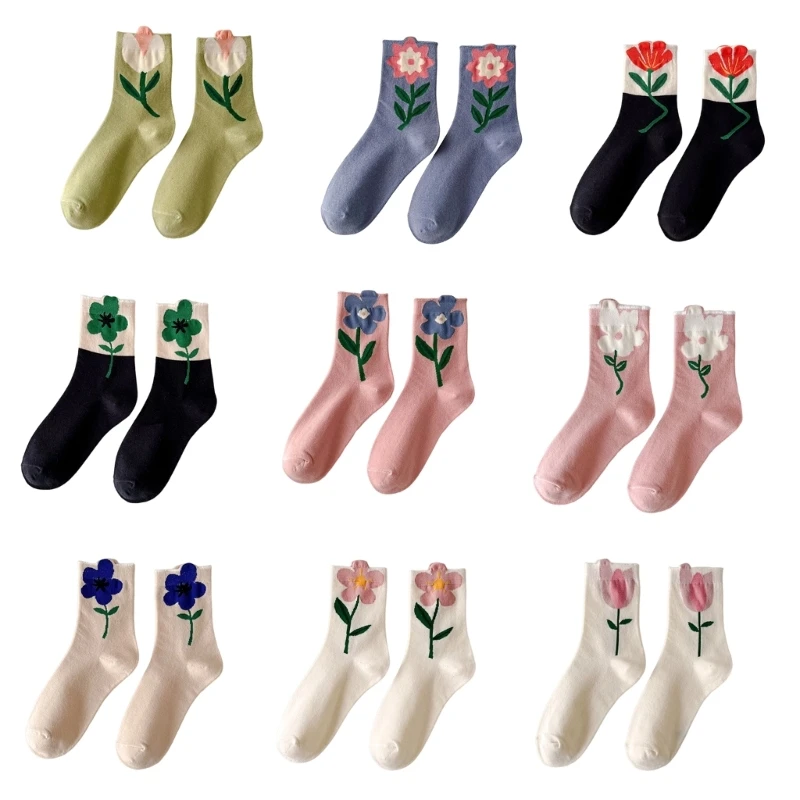 

Korean Japanese Cotton Socks Colorful Cartoon Flower Middle Tube Socks for Women