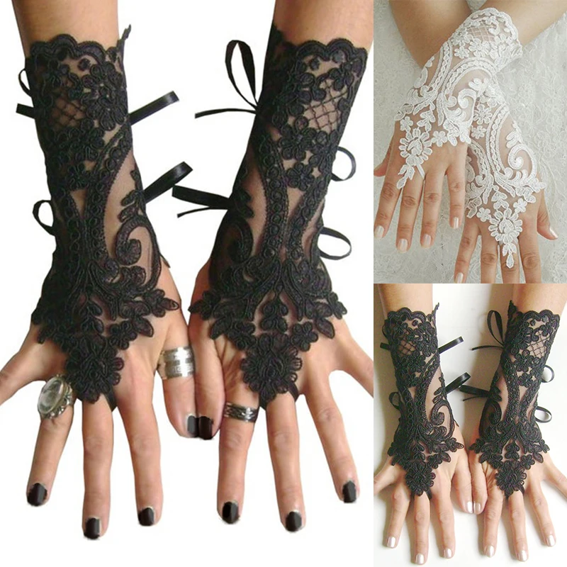 

Short Wedding Gloves Ivory White Black Bridal Gloves Girl Party Fingerless Lace Glove Ladies Flower Guantes Wedding Accessories