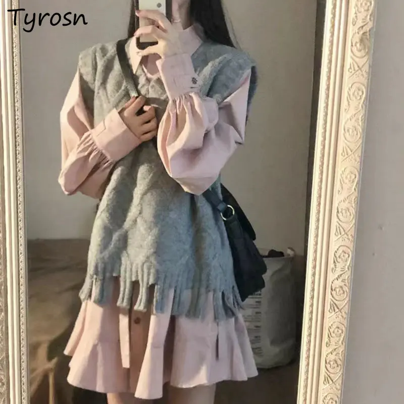 

Mini Dresses Sets Women Minimalist Retro Pure Design Loose Autumn Sweet Preppy Style Leisure Sweater Vests Ulzzang Students Chic