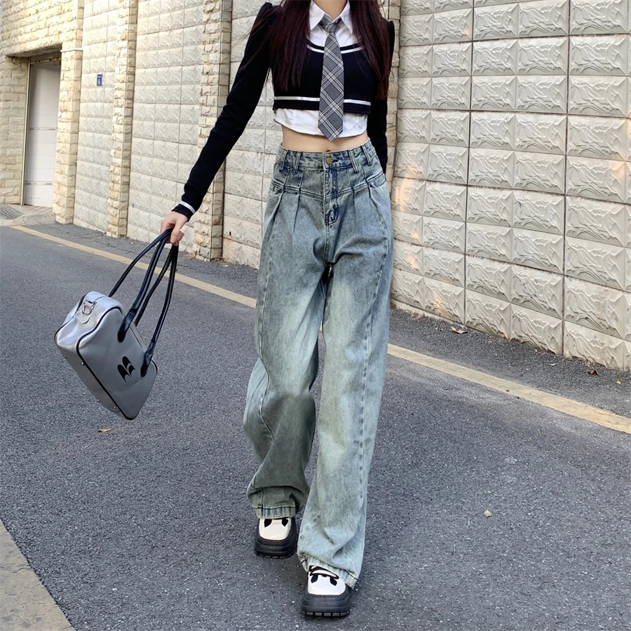 Street Personalized Trend Washed High Waist Loose Shirring Loose Jeans Women Fashion Street Button Pocket Zipper Wide Leg Pants