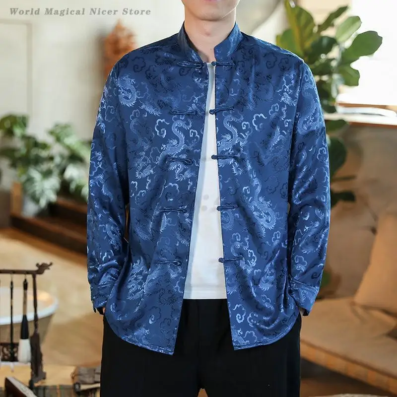 Men Chinese Dragon Shirt Coat Black Satin Mandarin Collar Tang Costume Top Large Size 5XL New Year Clothes Male Jackets Hanfu