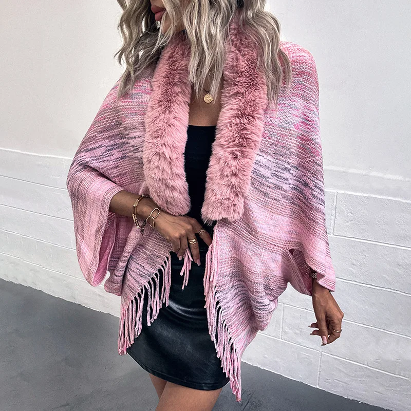 Women Winter Imitation Cashmere Wool Shawl Scarf Lady Elegant Faux Fur Collar Shawl Cloak Tassel Shawl Wraps Poncho Capes Coat