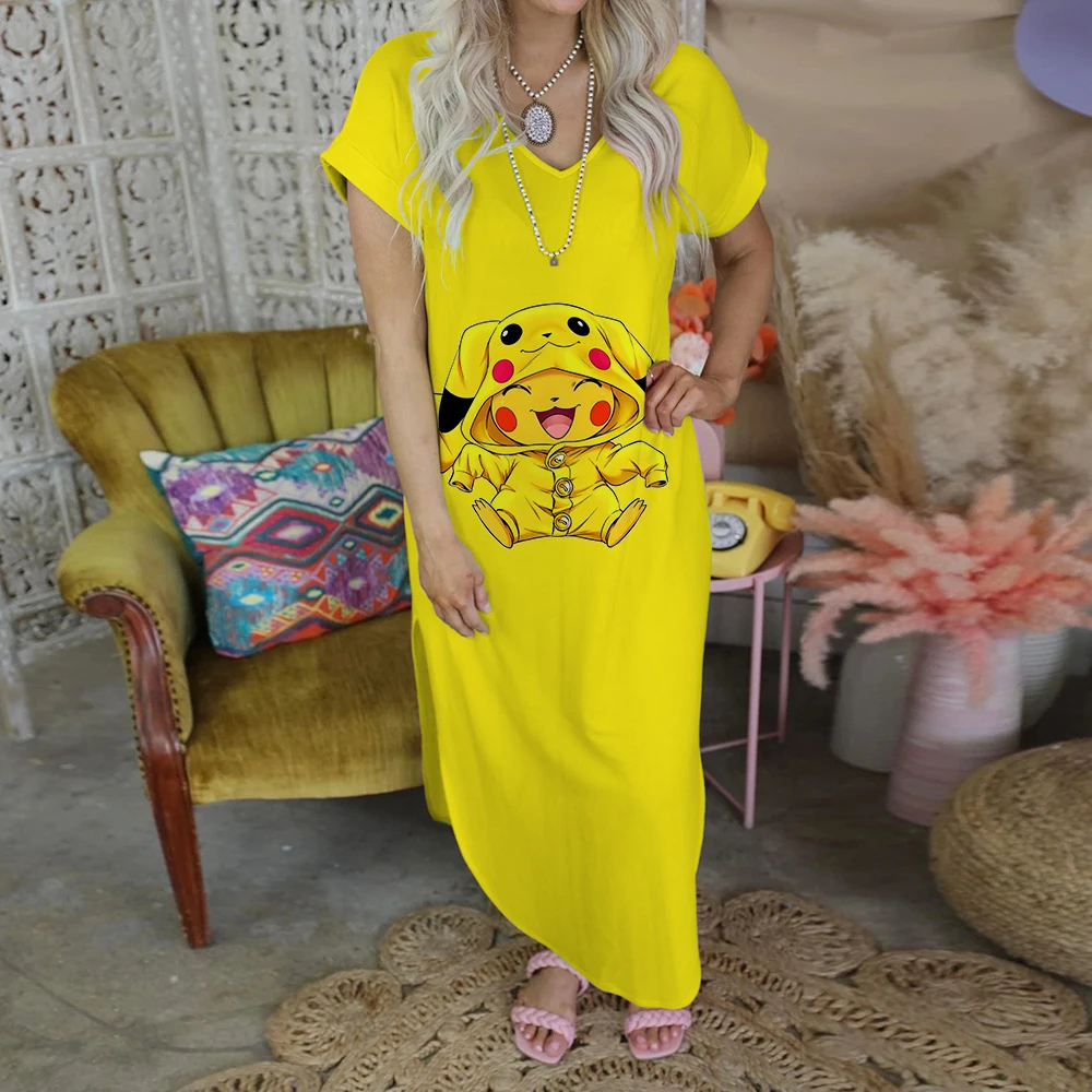 

Pikachu Fashion Robe Elegant Casual Women's Dresses Pokemon V-Neck Cartoon Print Cute Long Dress Split Skirt Summer 2023 Party