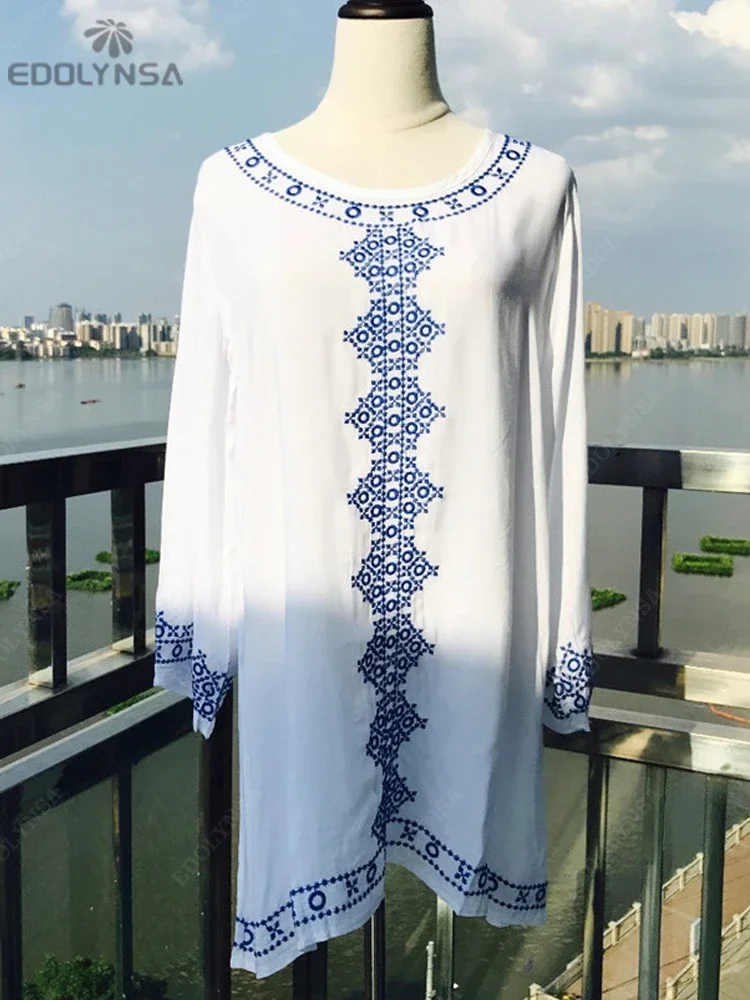 New Arrivals Beach Cover up Embroidery Rayon Swimwear Ladies Tunics For Beach Kaftan Dress Beachwear Bathing Suit Cover ups #Q71 4