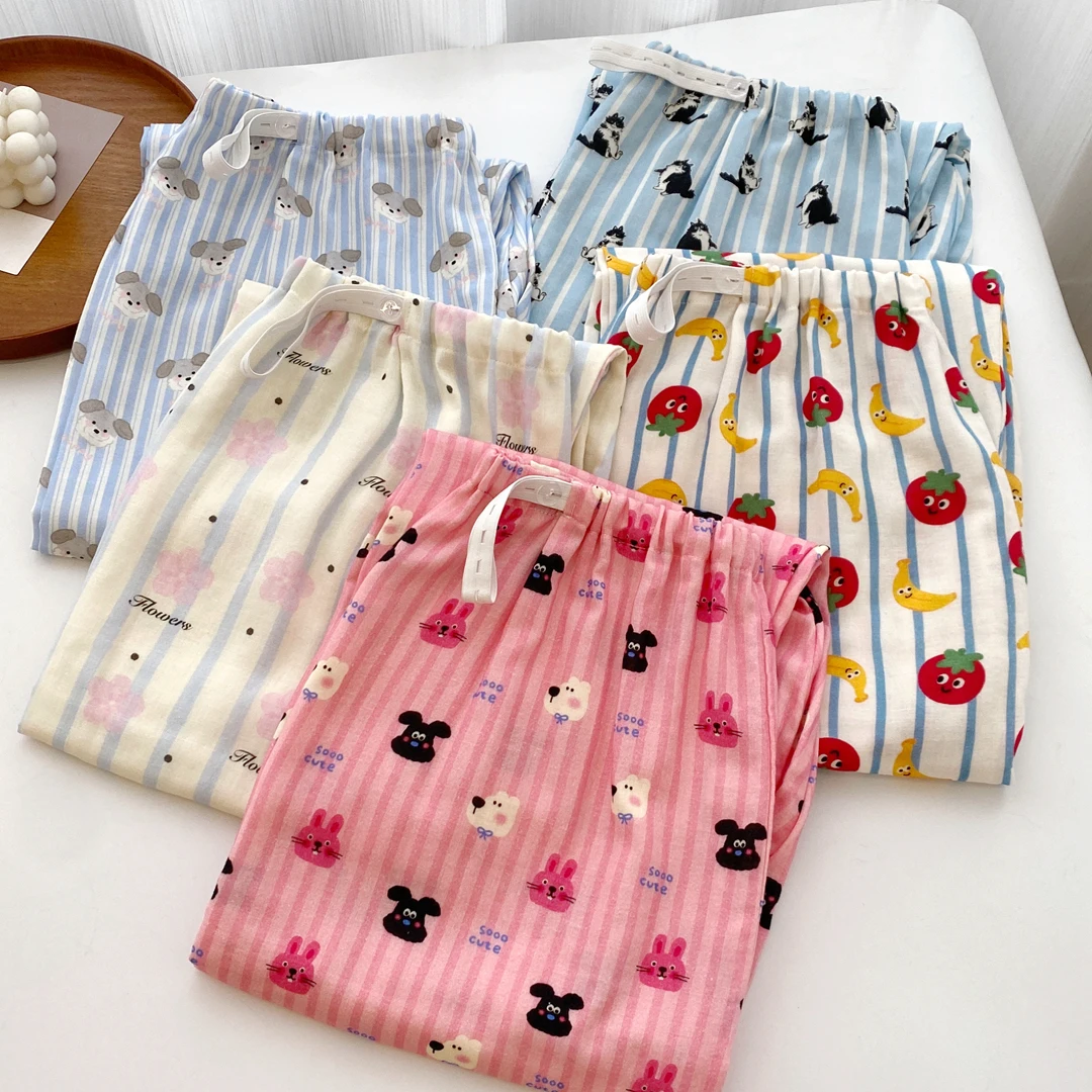 봄 여름 얇은 더블 레이어 코튼 출산 잠옷 임산부를위한 긴 플러스 사이즈 홈 레저 바지 산후