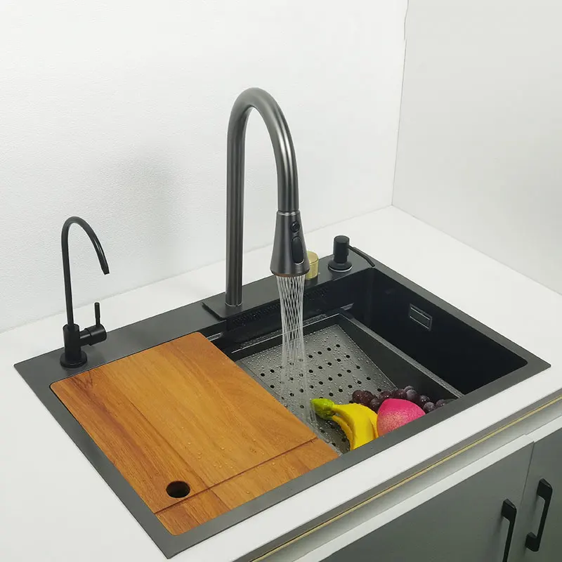 Waterfall Nano Kitchen Sink Stainless Steel Topmount  Wash Basin with Multifunction  Faucet   Cup Washer