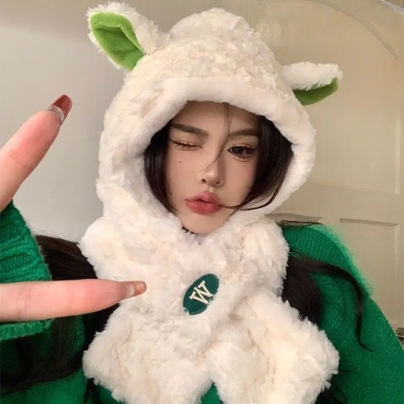 

Women's Hat Scarf Integrated Hat Autumn and Winter Cute Fashion All Furry Winter Warm Ear Protection 2023 New Panama Women's Hat
