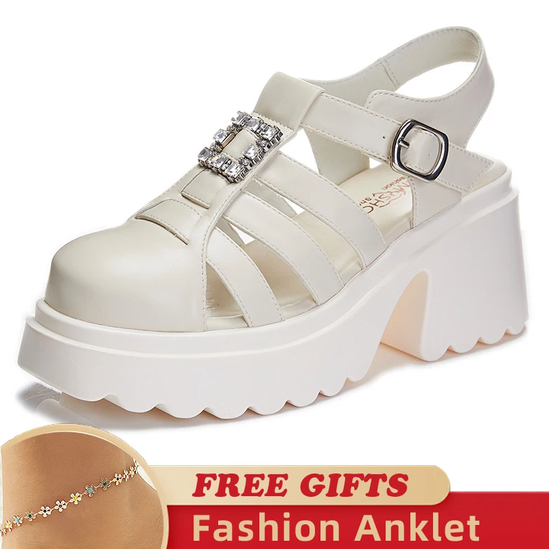 

Rhinestones Deco Genuine Leather Punk Women's Sandals Soft Buckles Wearing Platform Buckle Casual Woman Sandals Female Shoes