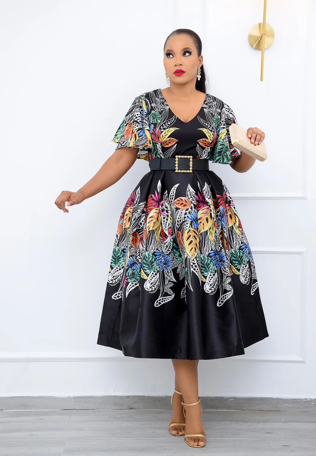 African Dresses for Women Summer New 2023 African Women Short Sleeve Printing Polyester Dress Nigerian Print Dresses With Belt maternity summer loose clothes petal sleeve fashion printing pregnant women dress stretched high waist pregnancy chiffon dresses