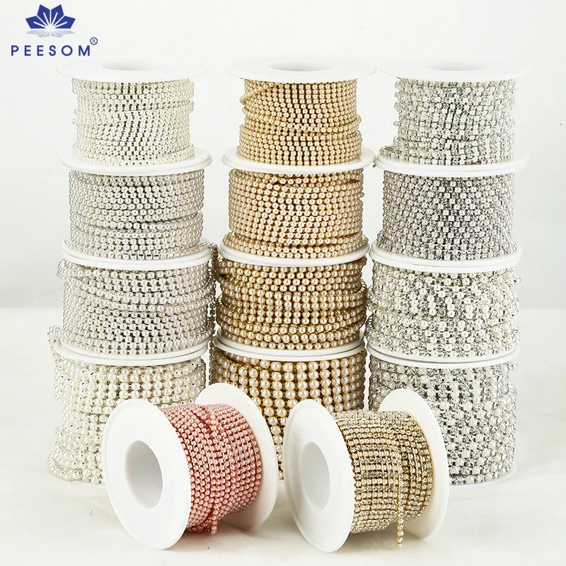 PEESOM ABS-Perlen-Strass-Kettenbesatz zum Nähen, SS4,5-SS16, Strass-Perle, dichte Kristall-Cup-Kette in Gold/Silber