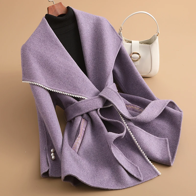 

New high-end double-sided plush wool coat for women's 2023 autumn and winter attire, with a tie up waist collection fabric mid