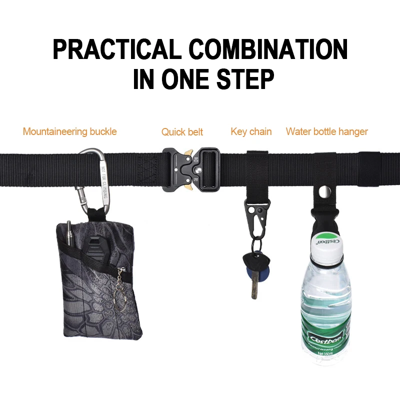 Cinturones tácticos de liberación rápida para hombre, cinturilla de lona con botella de agua, gancho colgante, mosquetones, Kit de equipo de caza al aire libre