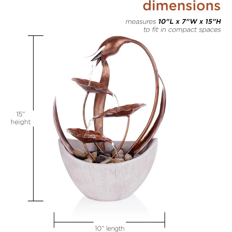 ZEN918 Indoor Tabletop Multi-Tiered Metal Falling Leaves Water Fountain with Stone-Filled Base, 14" 6