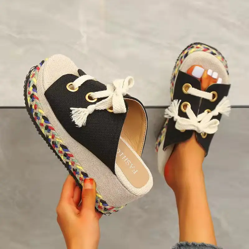Women Sandals 2022 Summer Lace Up Slippers Height Increase Wedge Open Toe Straw Platform Sandalias Mujer |