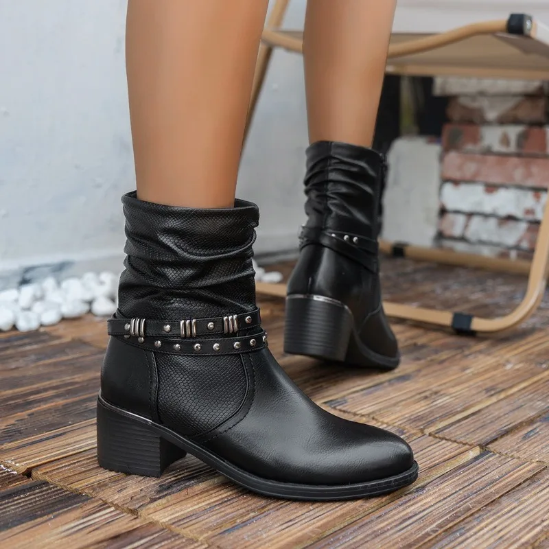 2023 High Quality Shoes for Women Autumn Short Tube Women's Boots Solid Color Round Toe Zipper Chunky Heel Zapatillas De Mujer