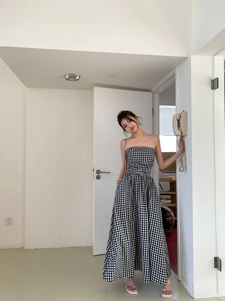 Casual Strapless Midi Dresses for Women Striped Sleeveless A-line Korean Chic Summer New Party Dress Vestidos Mujer