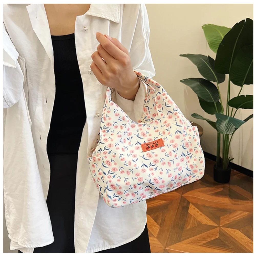 Small Floral Print Handbag For Women Commuting Handheld Bento Bag Large Capacity Student Lunch Bag Casual Shopping Wrist Bag