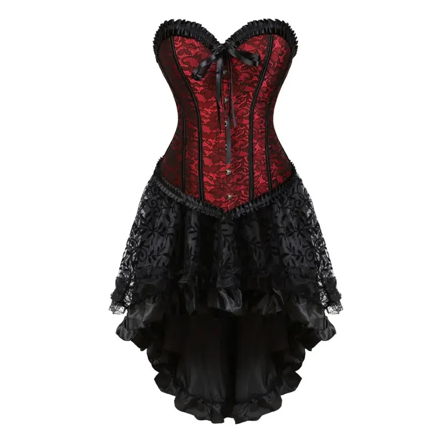 

Women Sexy Lace Floral Corset Dress Victorian Vintage Corset Top Waist Cincher Bustier Gothic Asymmetrical Skirt Set Plus Size