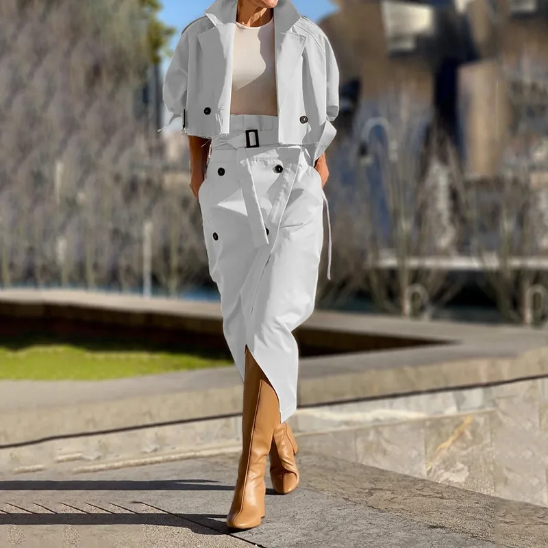 

Casual Loose Two Piece Sets New Spring High Street Cargo Suits Women's Fashion Lapel Long Sleeved Jacket and Belt Skirt Outfit