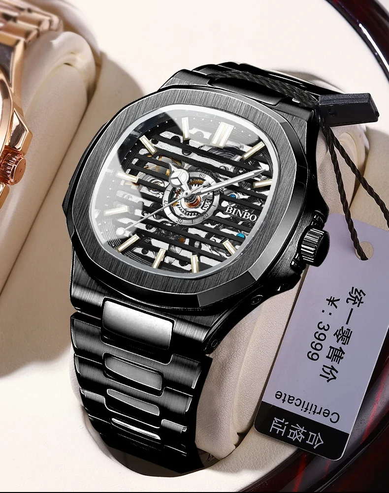 

BINBOND 2023 New Fashion Skeleton Dial Mechanical Watch Stainless Steel Waterproof Mens Watches Top Brand Luxury Reloj Hombre