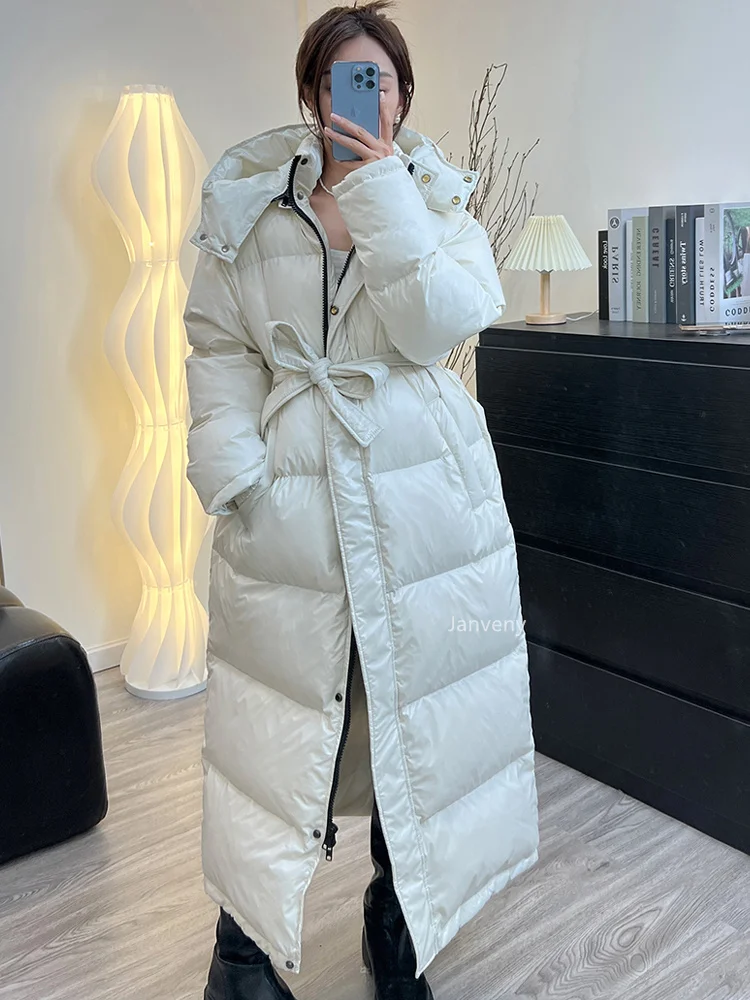 Janveny Women's Down Jacket Women Casual Thick Long Duck Down Puffer Coat Hooded Female Waterproof Parkas With Sashes Outwear 4