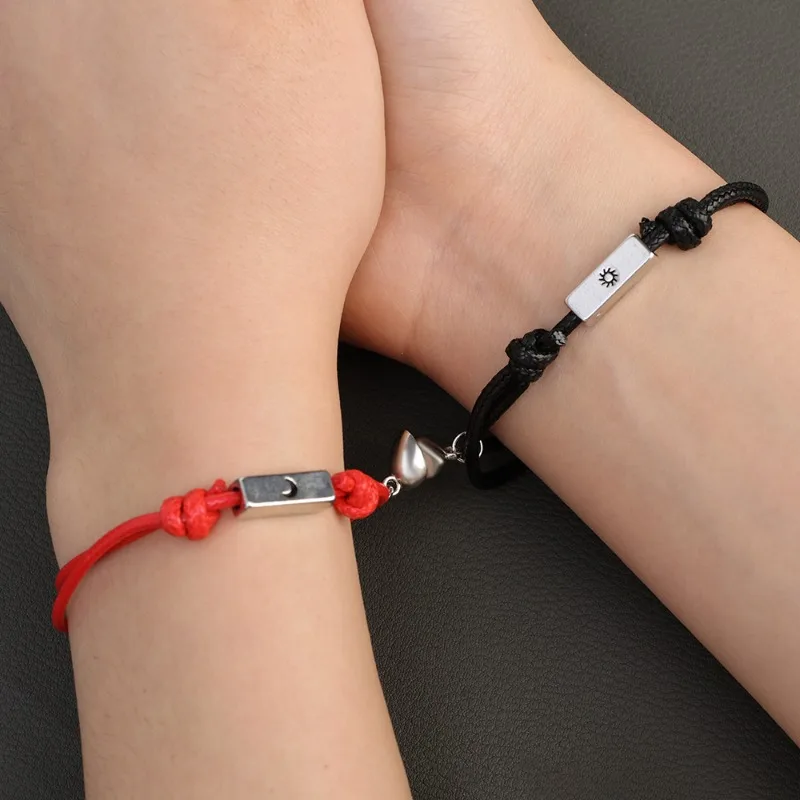 2pcs/set Magnetic Couples Bracelet Moon Sun Handmade Braided Heart Shaped Matching Attraction Adjustable Bracelets Jewelry Gifts