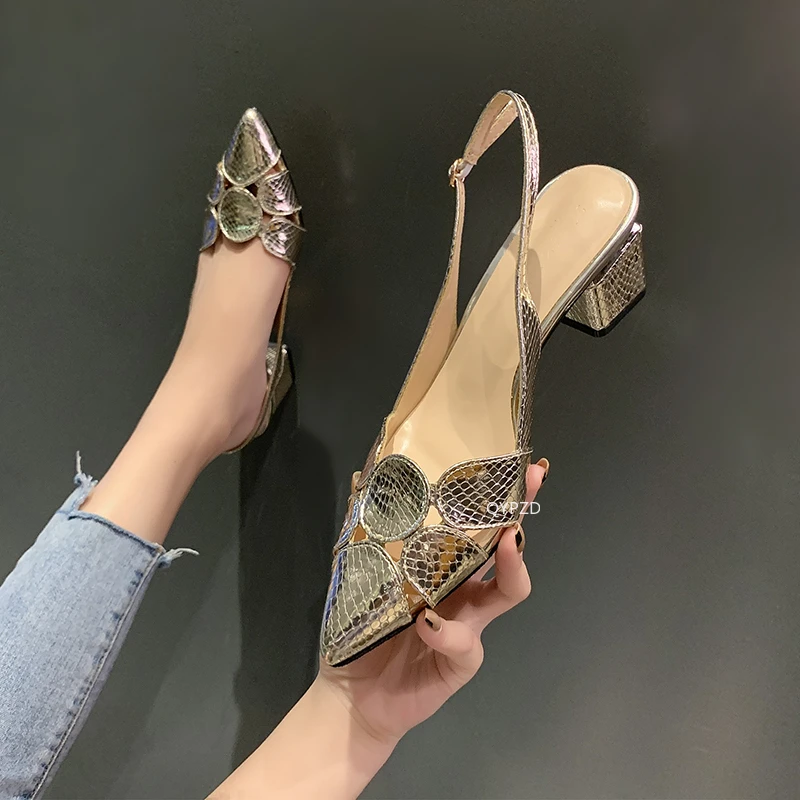 2021 Fashion Women Leather 3cm High Heels Lady Pointe Toe Gold Sandals Female Wedding Bridal Shoes | Обувь