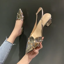 Zapatos de tacón alto de 3cm para mujer, sandalias doradas con punta puntiaguda, a la moda, para boda, 2021
