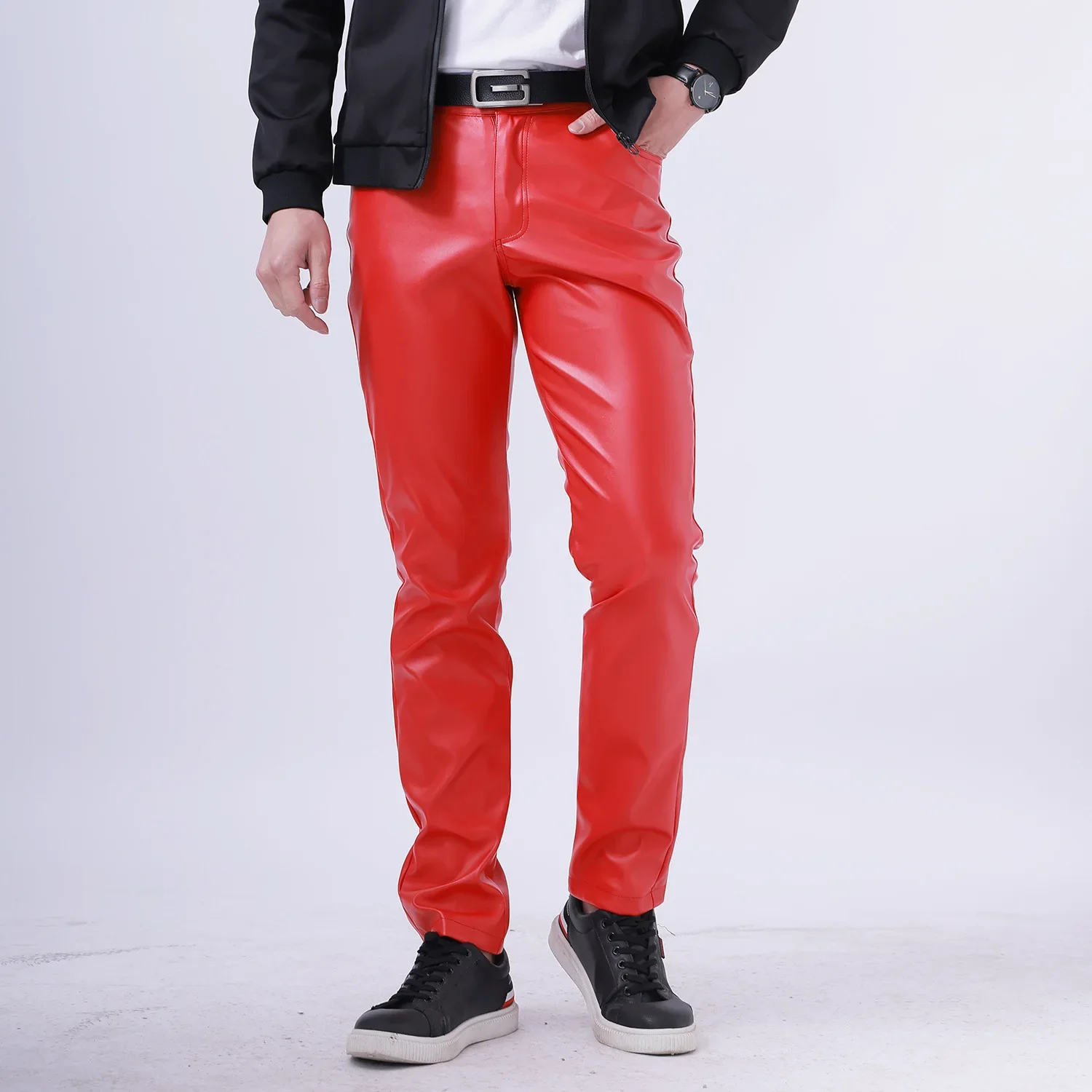 Mens Leather Pants Stretch Slim Fit White Bar for Men Spring Summer