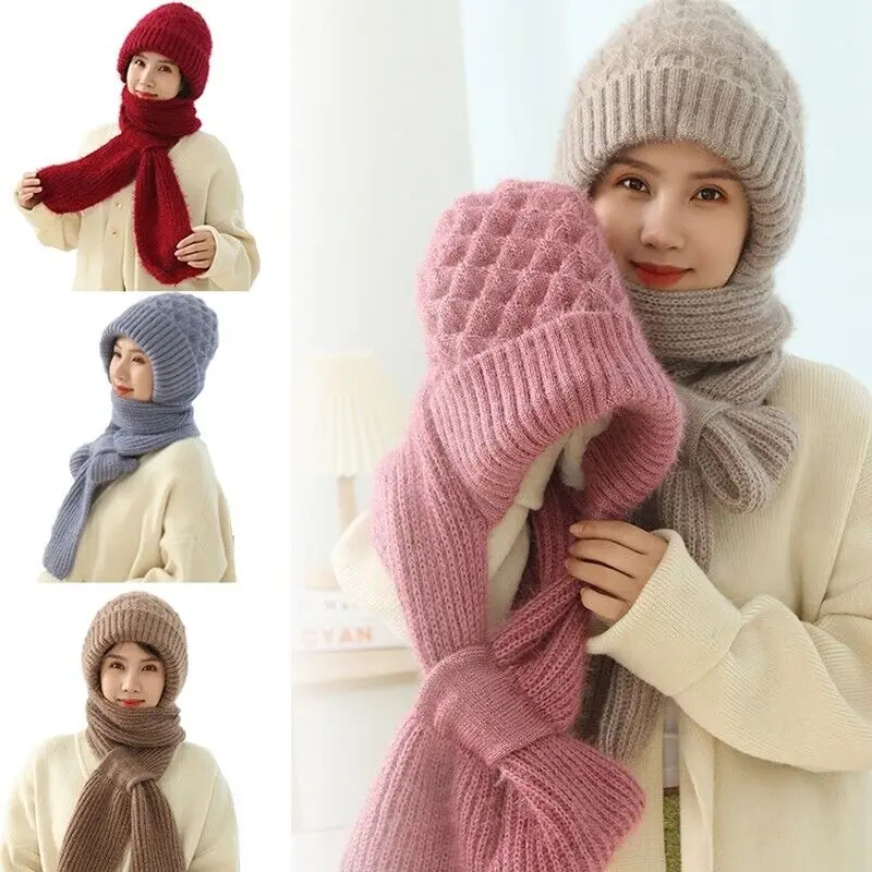 

2 In1 Plush Hat Scarf All In One Knitted Women Winter Warm Hat Scarf Thickened Hooded Ear Protection Outdoor Female Beanie Cap