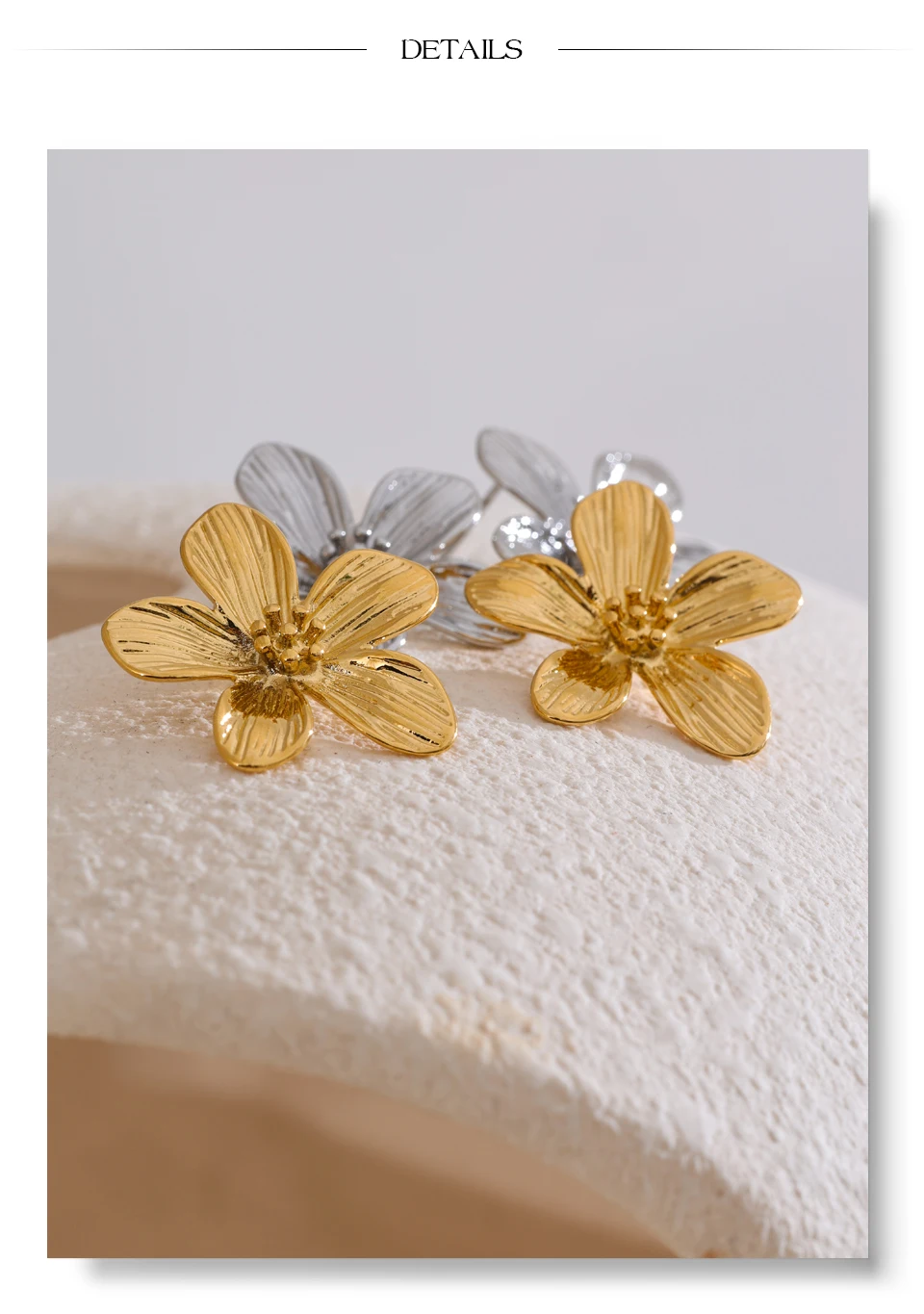 PoisedMe stainless steel flower stud earring – studio lighting