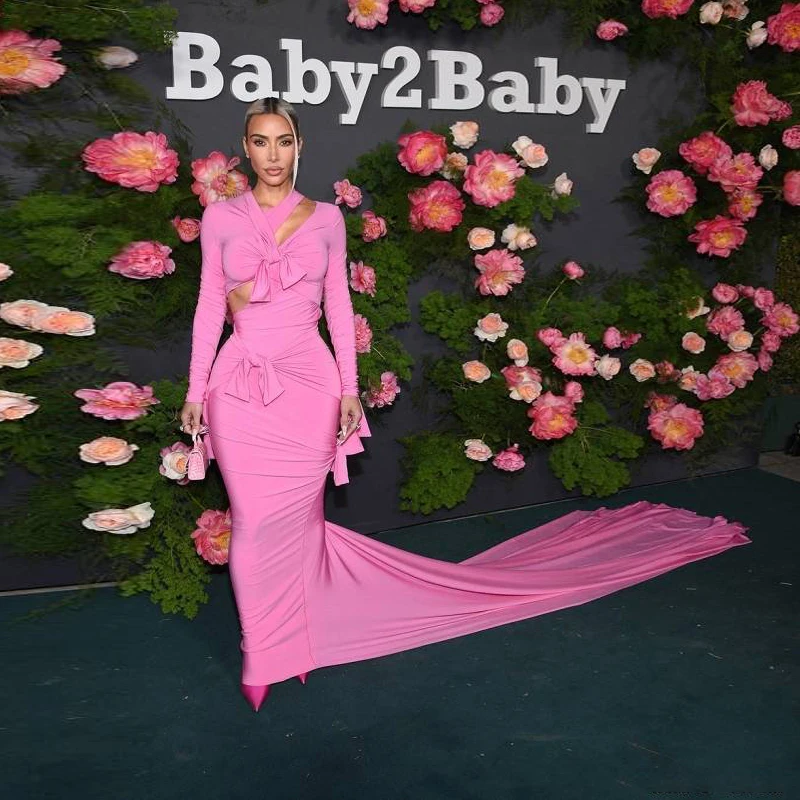 

Sexy Pink Prom Gowns Full Sleeves robe de soiree Stretchy Dress Maxi Women with Long Train abiye gece elbisesi