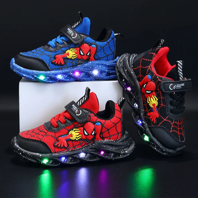 디즈니 소년 스파이더맨 메쉬 통기성 스포츠 신발, 가을 LED 어린이 운동화, 어린이 캐주얼 신발, 0-6 세 가벼운 신발