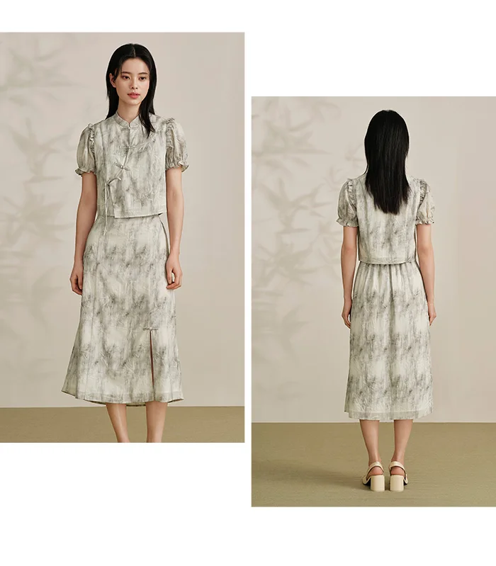 Traje de marca compartida para mujer, top corto ajustado, falda larga abierta, conjunto de ropa Guo Feng de verano de dos piezas