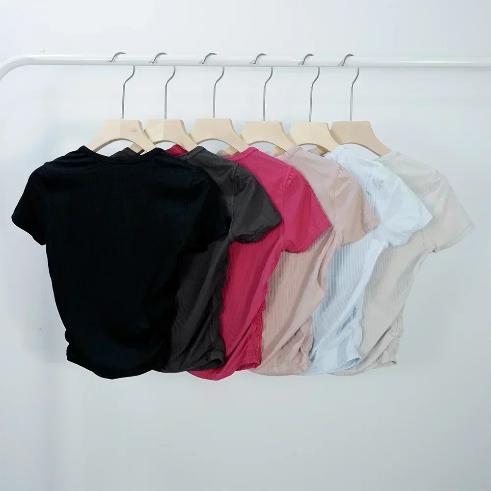 Ribbed Tight women T-Shirt Sexy Waist Shaping Cropped Top Short Sleeve Shirts Gym T-shirt Breathable Yoga Clothes Summer