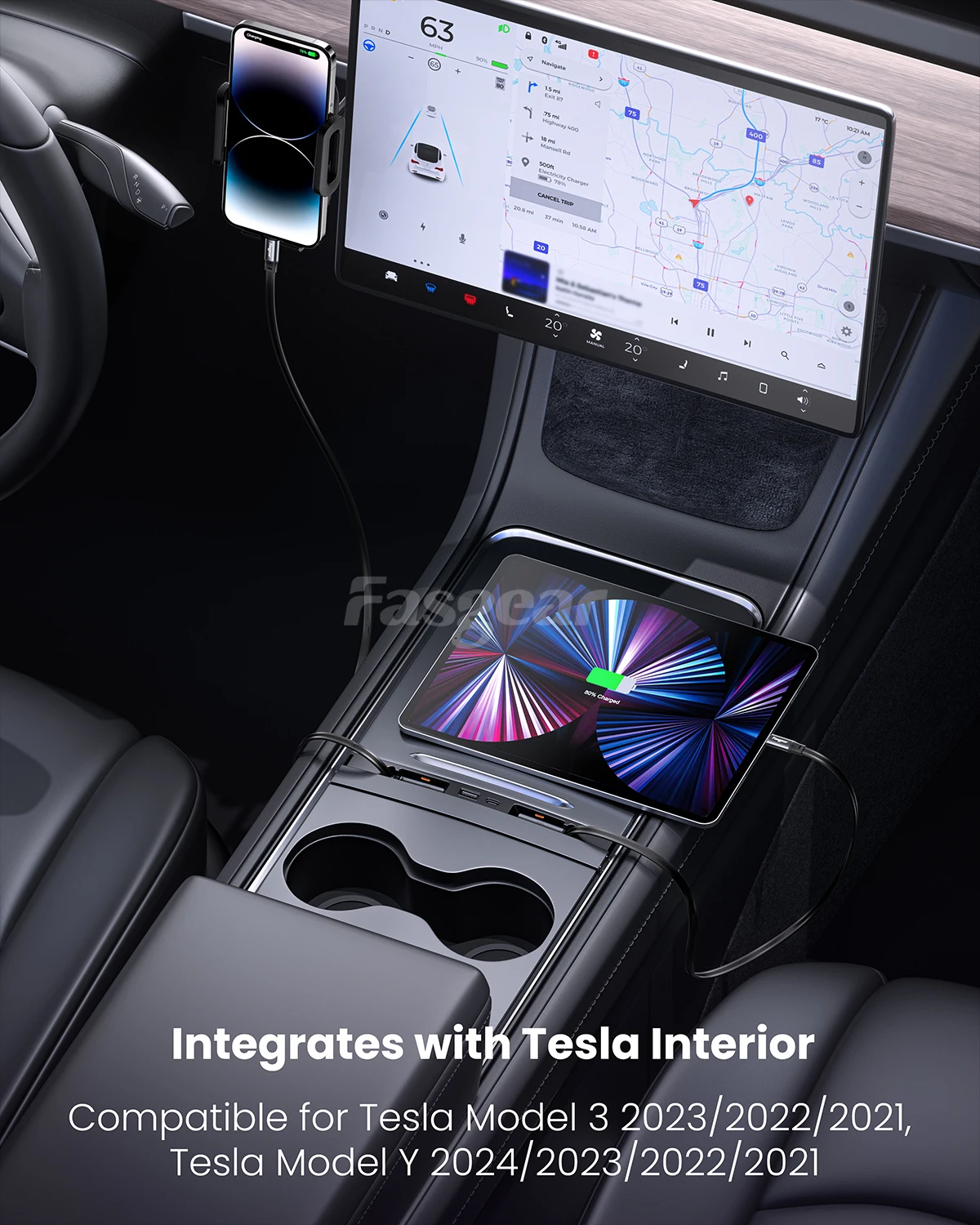 Fasgear USB Hub Docking Station 4-Ports for Tesla Model 3/Y Model Y Car Accessories for Center Console