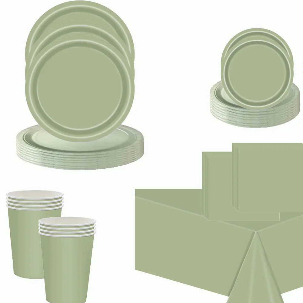 

Green solid color family party supplies tableware camping picnic BBQ plates and cups tablecloth portable tableware bag