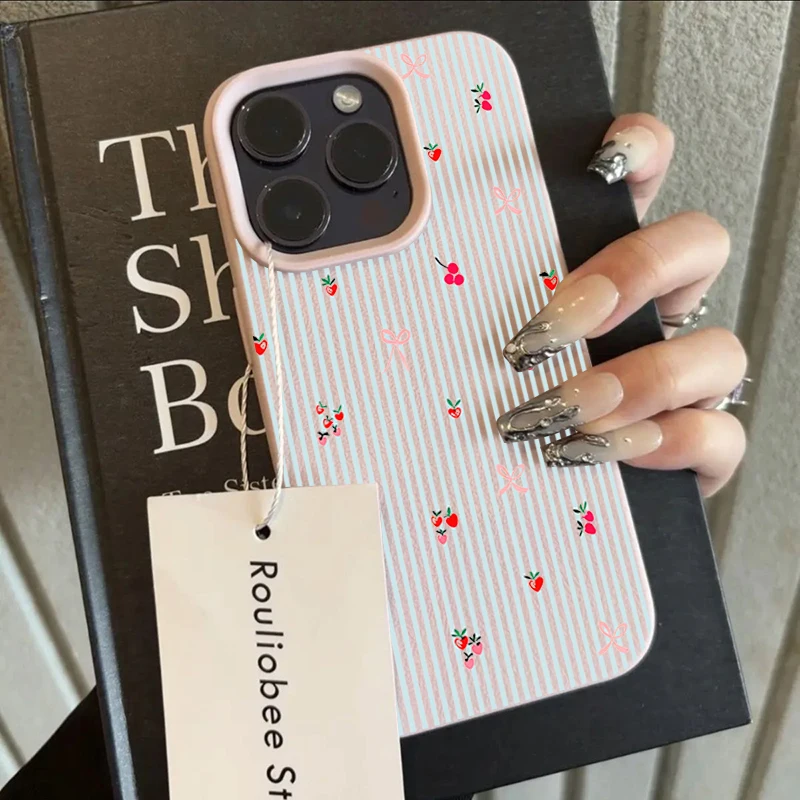 Blue Striped Cherry & Strawberry Pattern Phone Case Cover