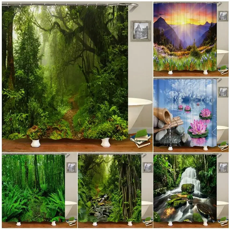 

Forest Shower Curtains Tropical Jungle Trees Plant Waterfall Zen Lotus Rural Nature Landscape Bath Curtain Fabric Bathroom Decor