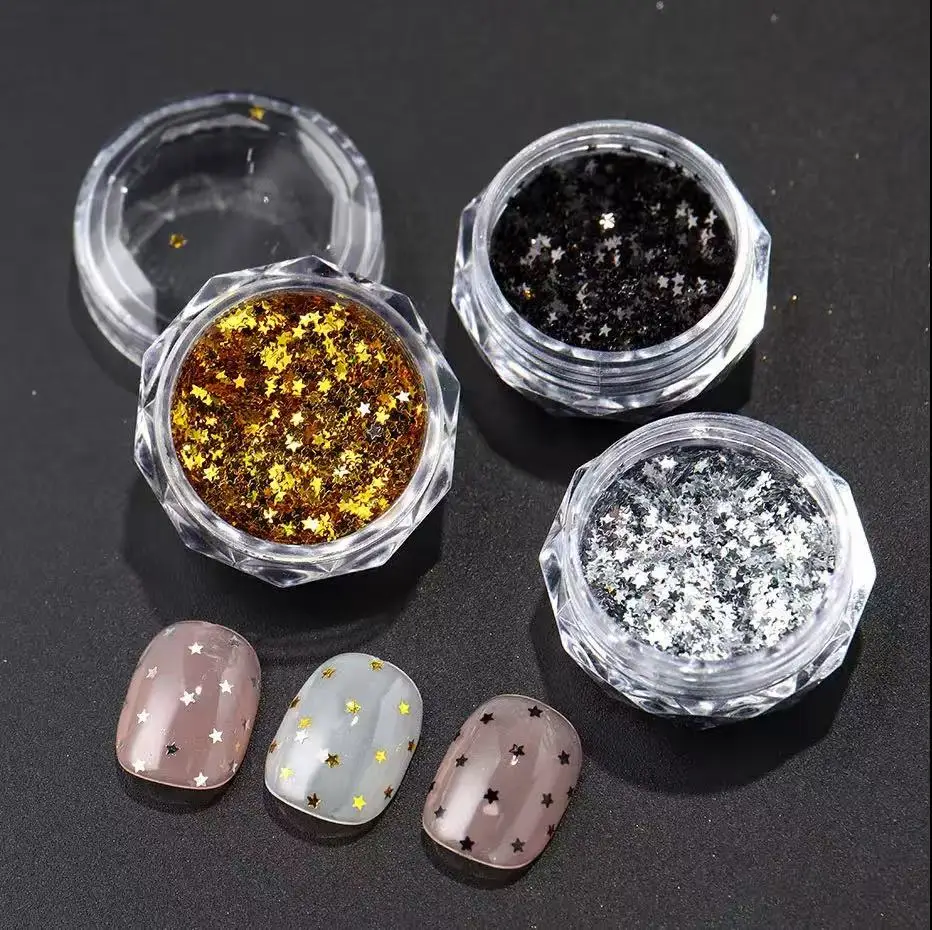 3pc Y2K 작은 별 반짝이 네일 플레이크 황금 은빛 검정색 작은 오각형 네일 Seqiuns Kawaii 한국어 DIY 매니큐어 액세서리